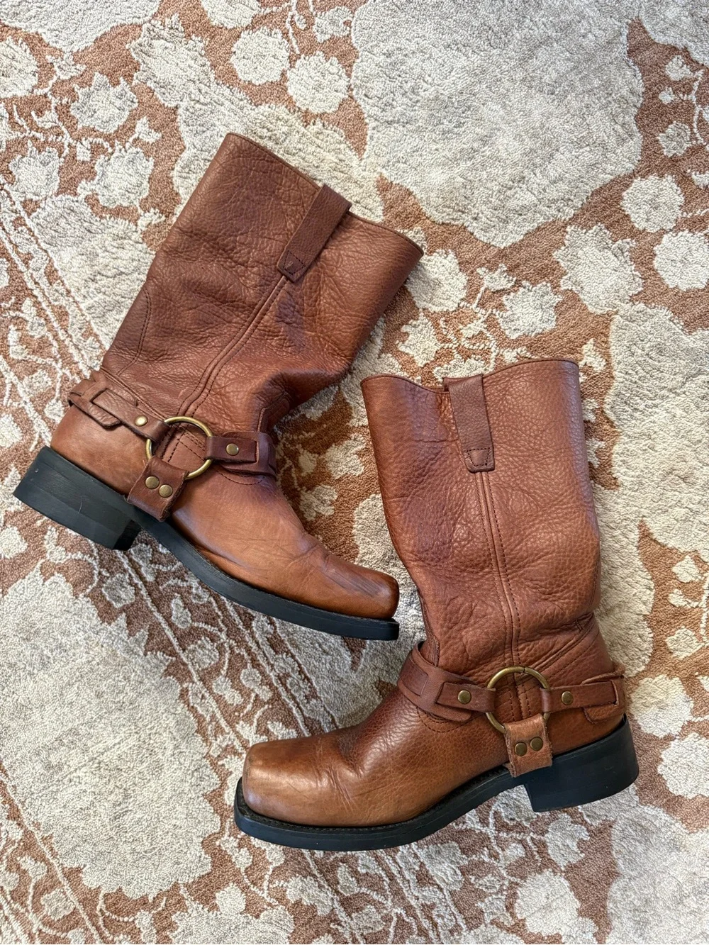 Brown Square toe leather harness boots sz 9.5